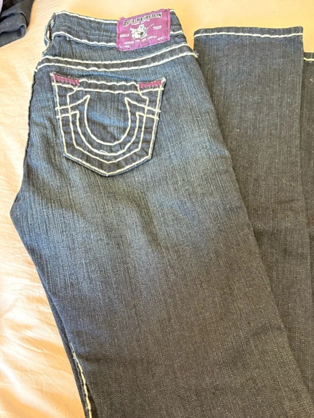 True Religion Dark Blue Skinny Jeans with White Stitching and Purple Patch - Picture 12 of 12
